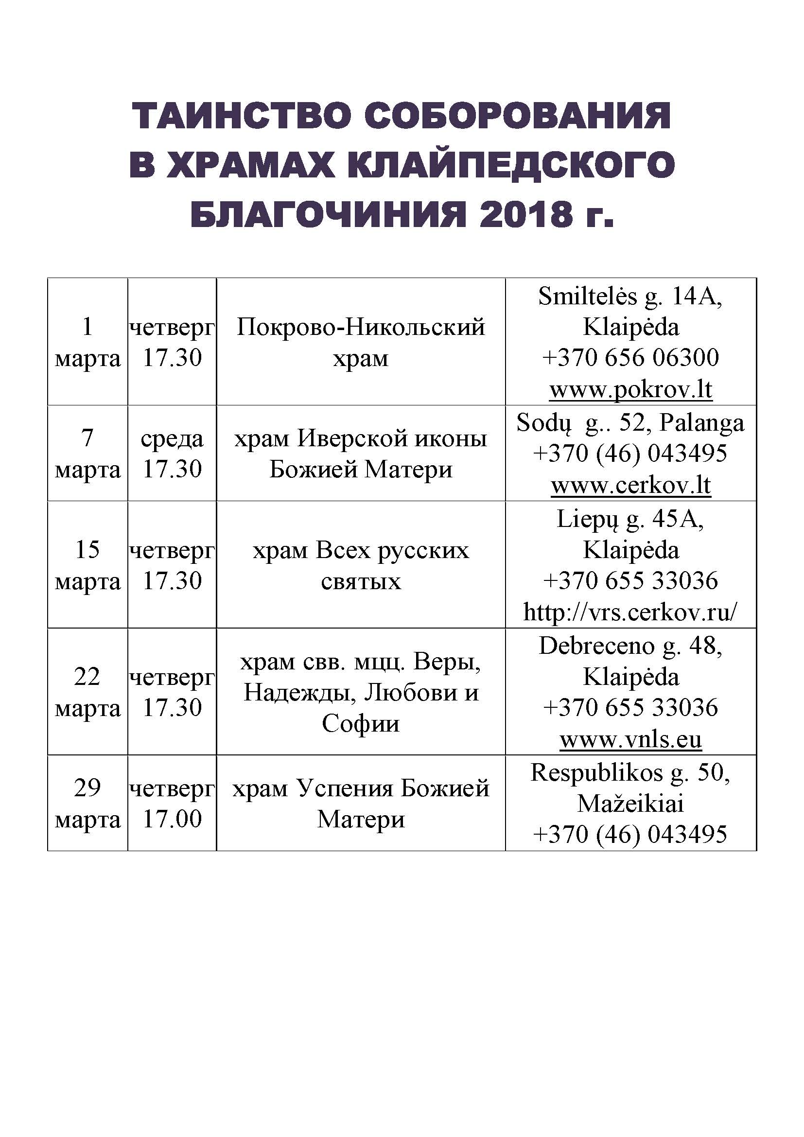 Расписание совершения Таинства соборования